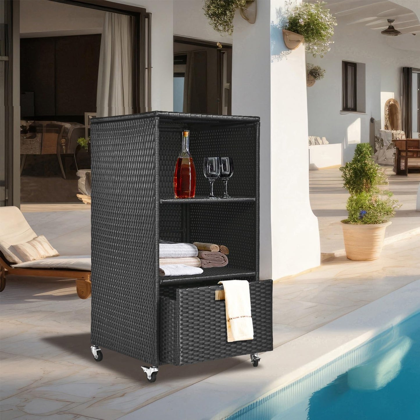 Outdoor Towel Rack for Pool Outdoor Pool Towel Storage Cabinet with Shelf & Drawer Pool Towel Holder with Rolling Wheels Hot Tub Towel Rack w/Waterproof Cover Poolside Towel Valet Caddy for Spa Black