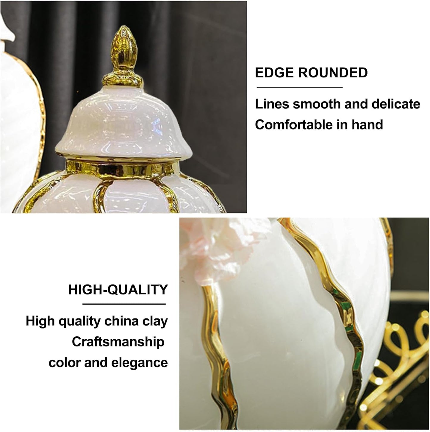 Ginger Jar, White Gold Ceramic Vase Large Handmade Porcelain Vases with Lid, White Gold Decorative Flower Vase for Home, Living Room, Weddings, Centerpieces (18in with Lid)