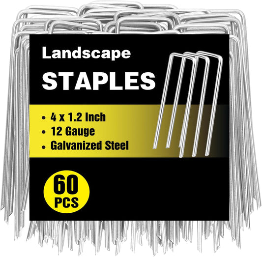 HongWay 60 Pack 4 Inch Landscape Staples, Garden Staples 12 Gauge Galvanized Ground Stakes Lawn Yard Staples SOD U-Shaped Pins for Gardening Irrigation Tubing Landscaping Fabric