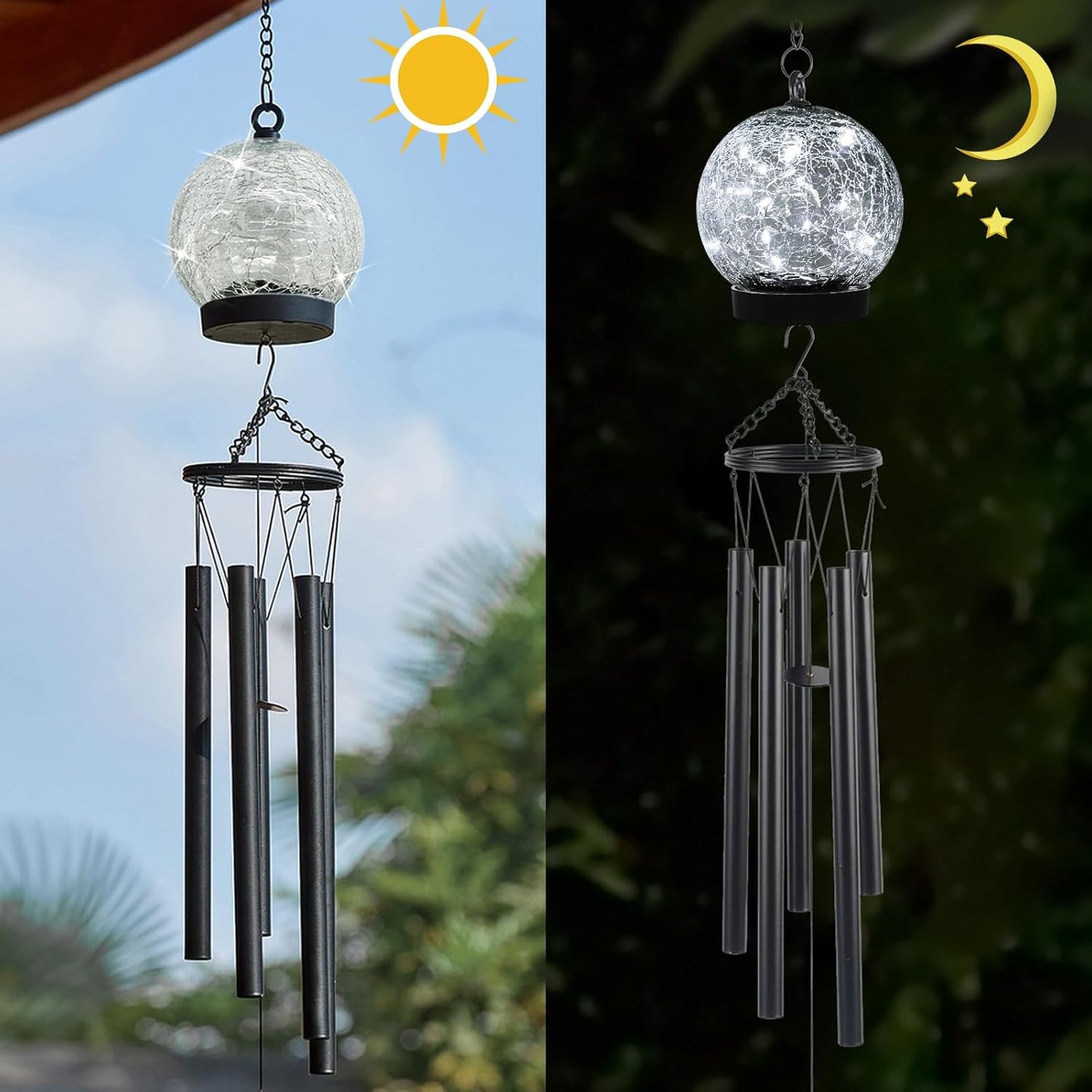 Garden Wind Chimes Outdoor, Solar Hanging Glass Ball Wind Chimes with 15 Cool White LEDs 42 Inch Large with Unique Memorial Sympathy Wind Chime Outside Garden Decor as a Gift for Patio, Porch, Balcony