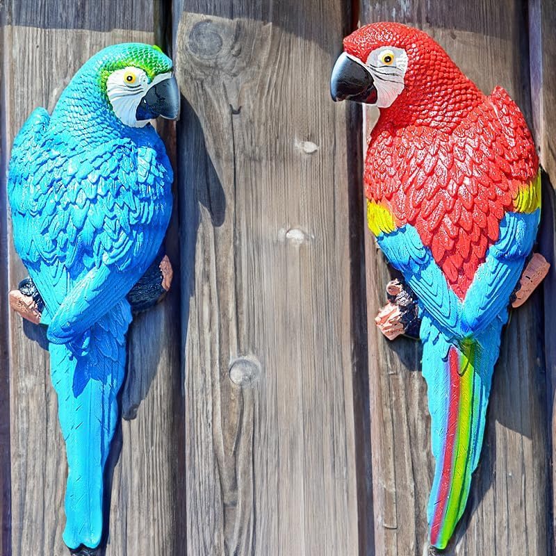 coolboy Bird Statue Decorations Outdoor,Garden Bird Figurine Real Parrot Figurine,Resin Bird,Bird Statue Gift,Wall Hanging Macaw Bird Tropical Decor Wall Sculpture, Polyresin, Full Color,2 Bird a Set