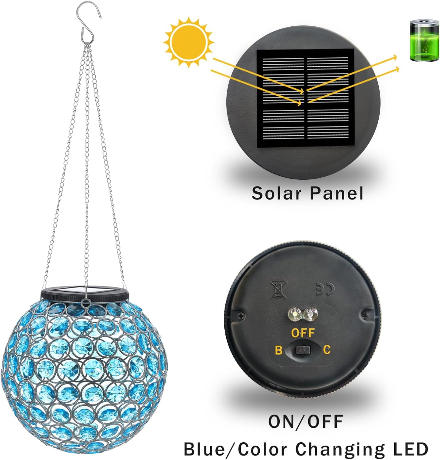 Solar Lantern Hanging Outdoor Christmas Decorative, Dual LEDs Color Changing and Blue Crystal Globe Lamp Hanging Light Waterproof with S Hook Decor in Garden, Pathway, Front Door- Blue
