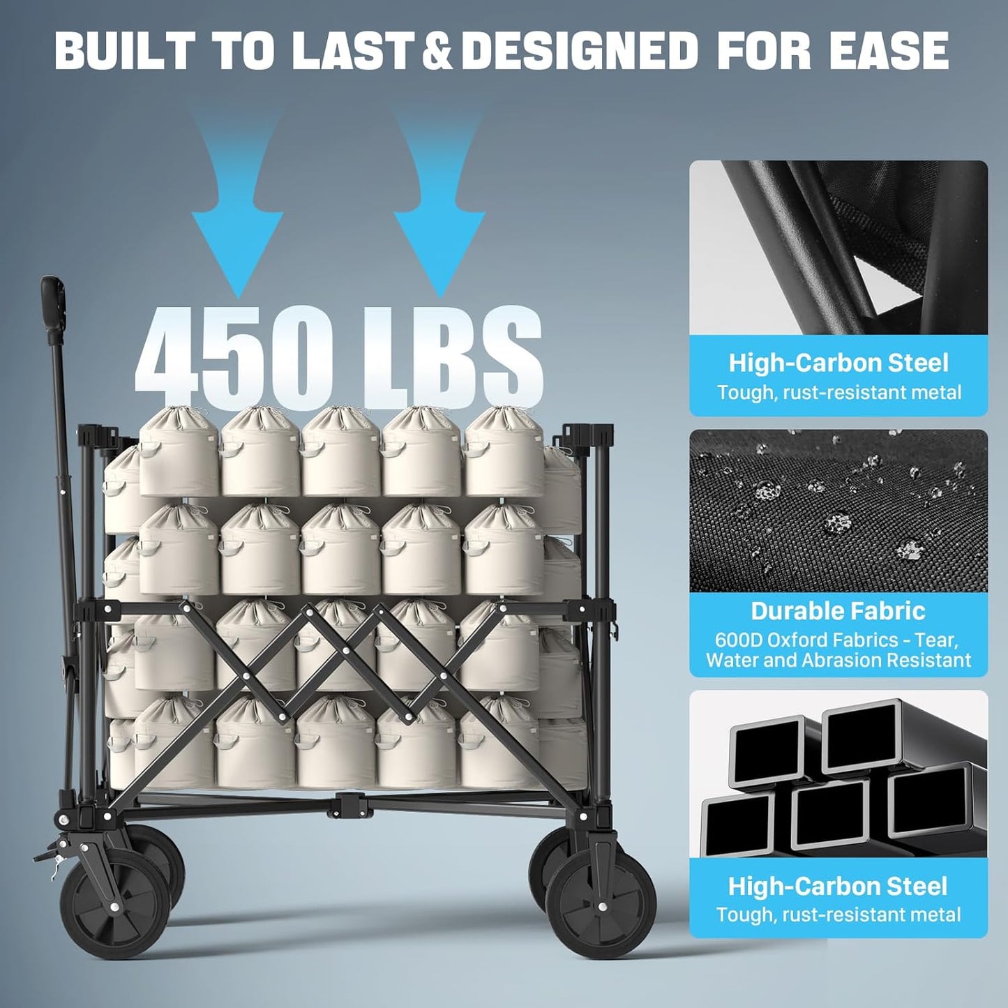 Folding Wagon Cart Foldable with Wheels, Adjustable Decker 150L-300L Capacity, All-Terrain Wheels & Brake, 450LBS Heavy Duty Collapsible Wagon for Beach, Camping, Outdoor