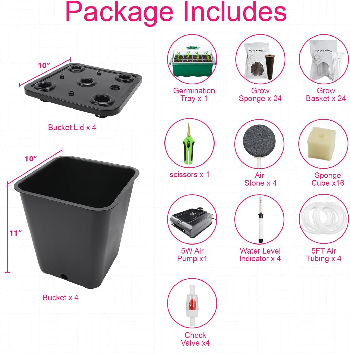 4 Hydroponic Buckets Kit for Plants, Hydroponics Growing System for Herbs/Tomato/Vegetables, DWC System with Air Pump & Germination Tray Black (Complete Indoor Hydroponic Gardening Supplies)