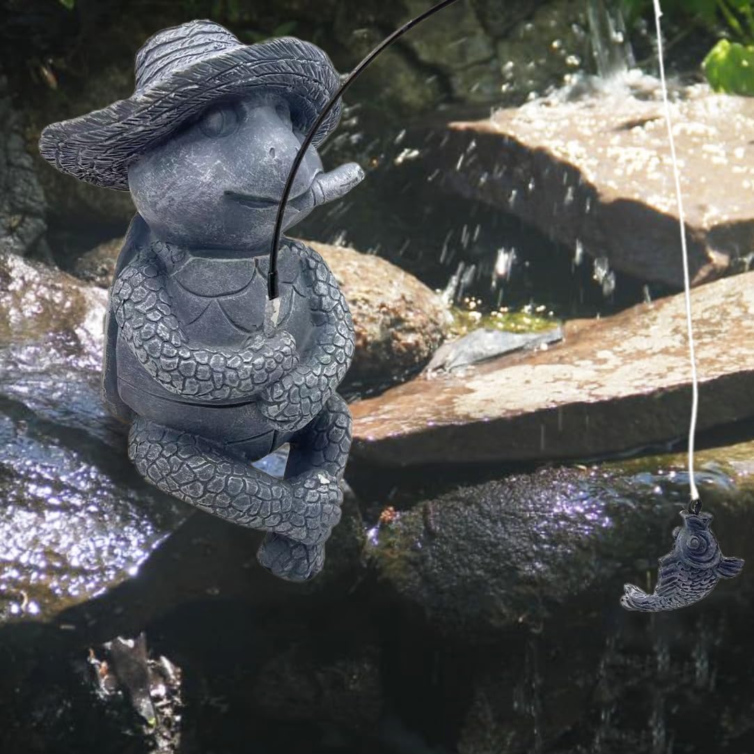 Tortoise Fishing Statue Garden Decor，9.8" Weatherproof Resin Tortoise Fishing Sculpture Decor for Fish Ponds, Koi Ponds, Waterfalls, Poolside Outdoor Gardens Resin Figurine for Indoor Outdoor Décor