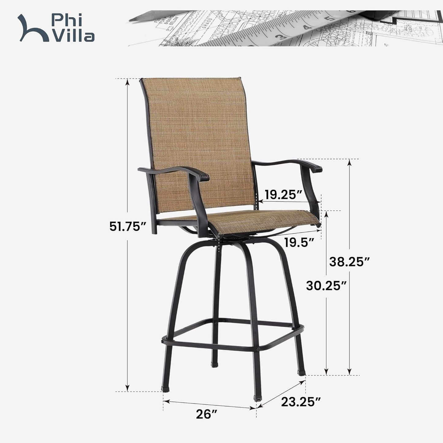 PHI VILLA Outdoor Bar Stools Set of 4, Swivel Patio Bar Stools & Chairs with 30" Seat Height & Brown Textilene Backrest, Tall Outdoor Chairs Bar Funiture for Outside, Porch and Yard