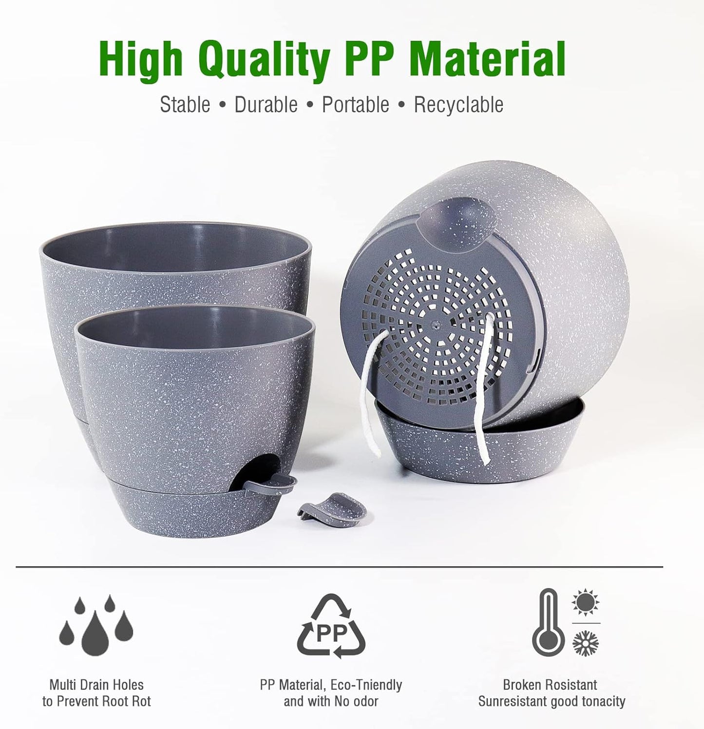 Large Self Watering Pots, 12/10/9 Plastic Planters with High Drainage Holes and Deep Reservoir for Indoor Outdoor Garden Plants and Flowers, Grey Speckles