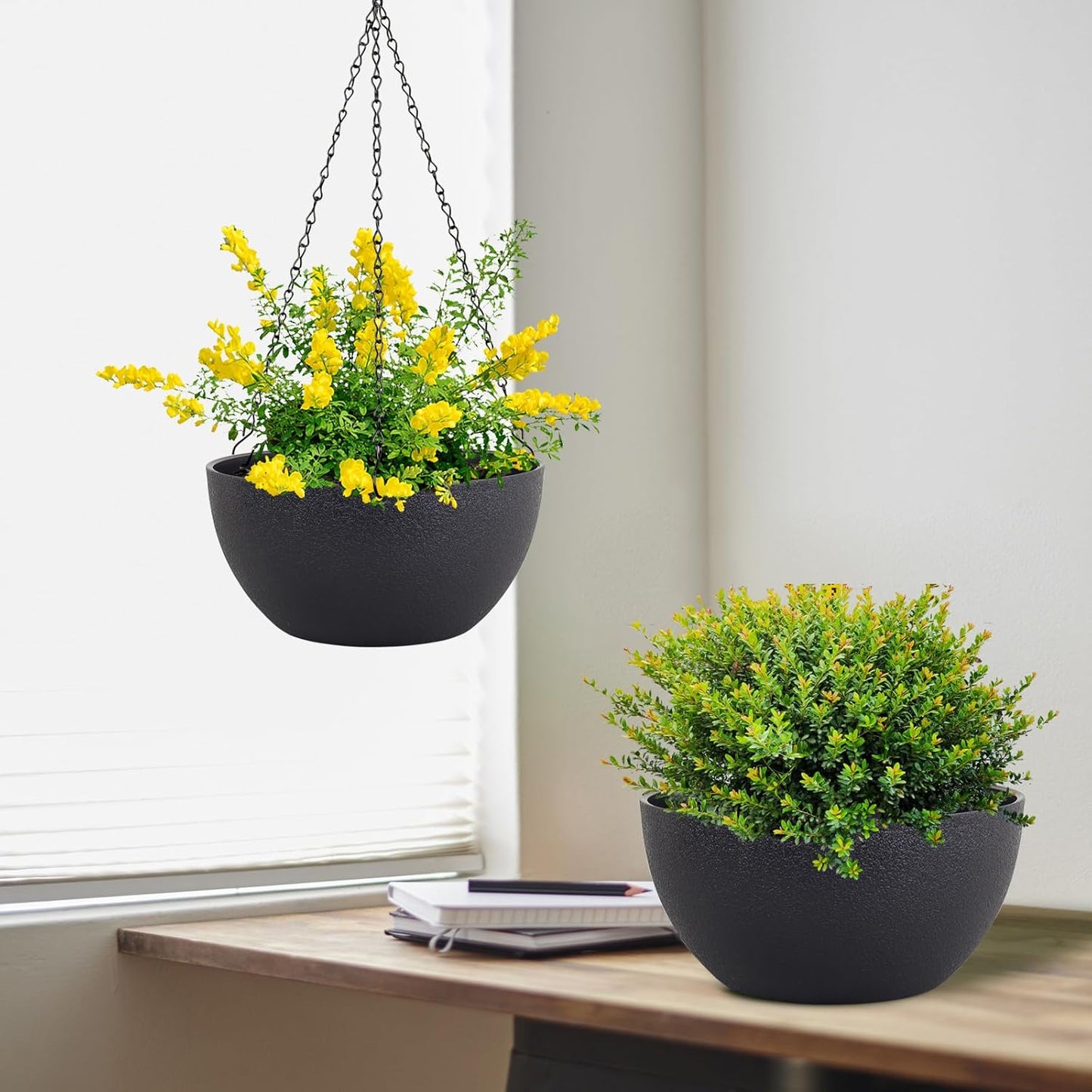 12 inch Large Hanging Planters for Indoor Outdoor Plants, 2 Pack Hanging Flower Pots with Drainage Holes and Chain for Garden Porch, Plastic Hanging Baskets for House Plants, Black