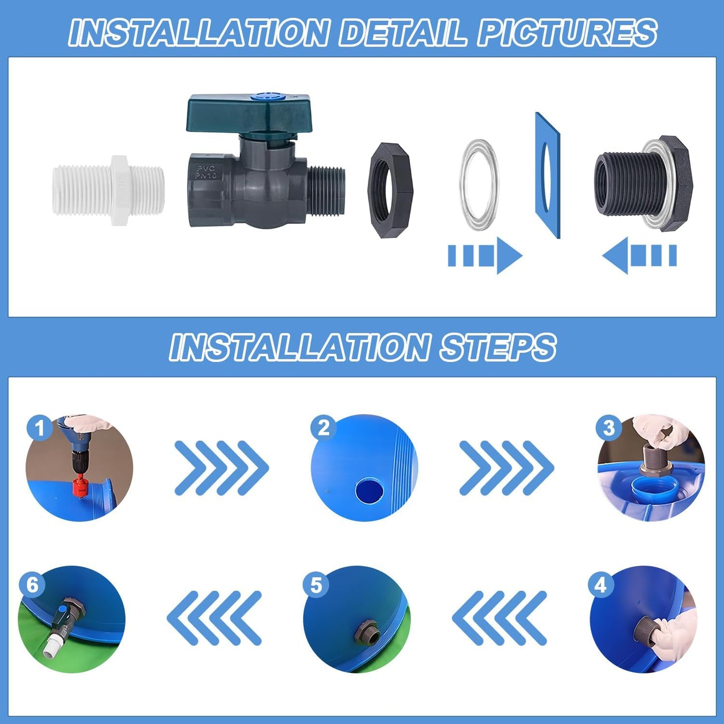 2 Pack PVC Rain Barrel Spigot Kit -3/4" Rain Barrel PVC Garden with Bulkhead Fitting Garden Hose Faucet Adapter and Thread Seal Tape for Water Tanks, Aquariums, Tubs, Pool, Garden Barrel