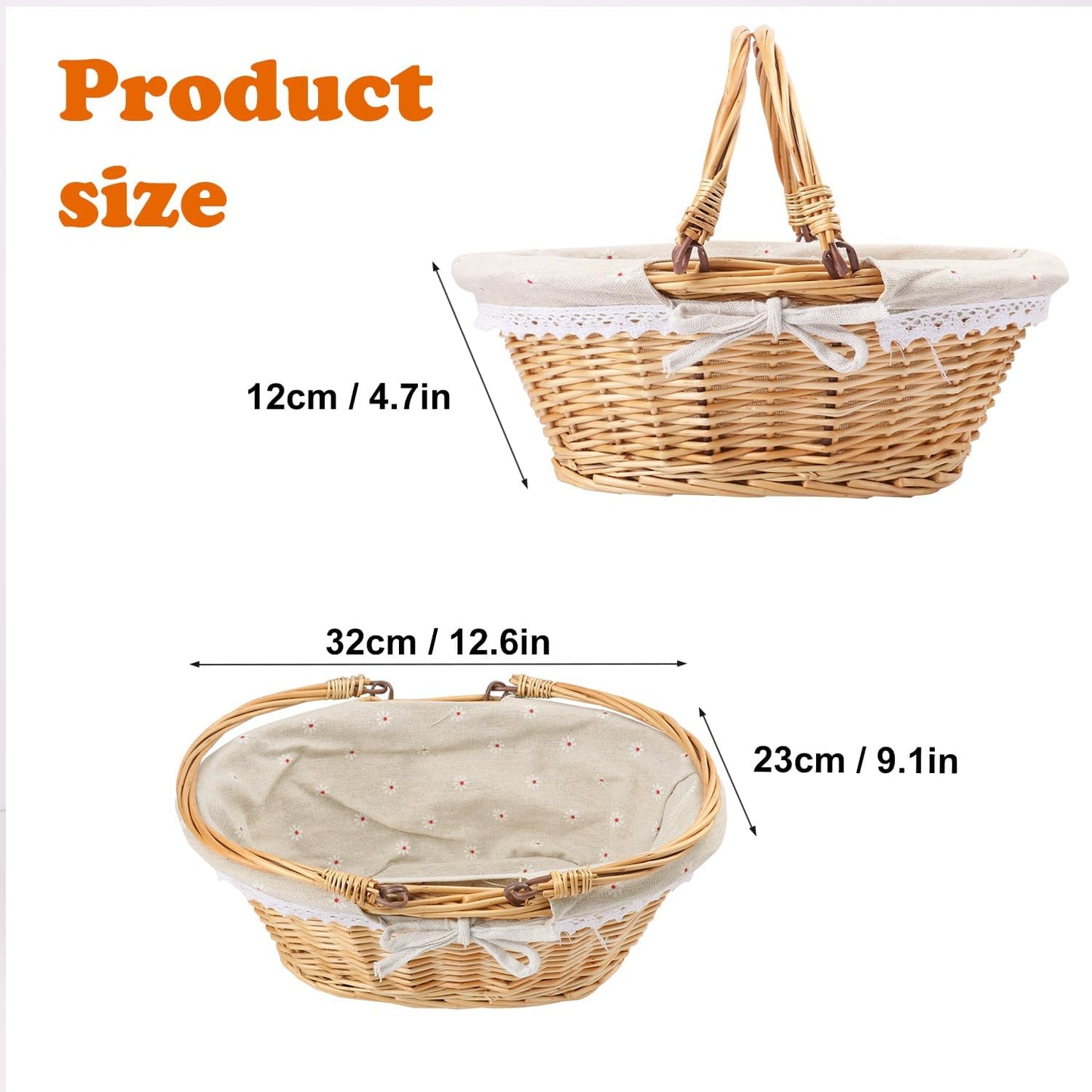 2 Pack 12.6 Inch Natural Wicker Basket with Linen Cotton Cloth Lining, Oval Wicker Woven Basket with Handle, Willow Woven Picnic Baskets for Picnic, Camping, Party(Small)