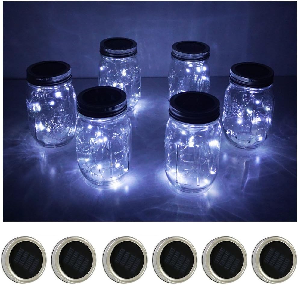 Decorman Solar Mason Jar Lid Lights, 6 Pack 10 LED Waterproof String Fairy Star Firefly Jar Lids Lights for Patio Garden Yard Lawn Party Wedding Christmas Decoration(Jars & Hangers Not Included)