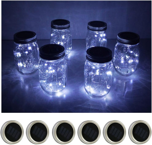 Decorman Solar Mason Jar Lid Lights, 6 Pack 10 LED Waterproof String Fairy Star Firefly Jar Lids Lights for Patio Garden Yard Lawn Party Wedding Christmas Decoration(Jars & Hangers Not Included)