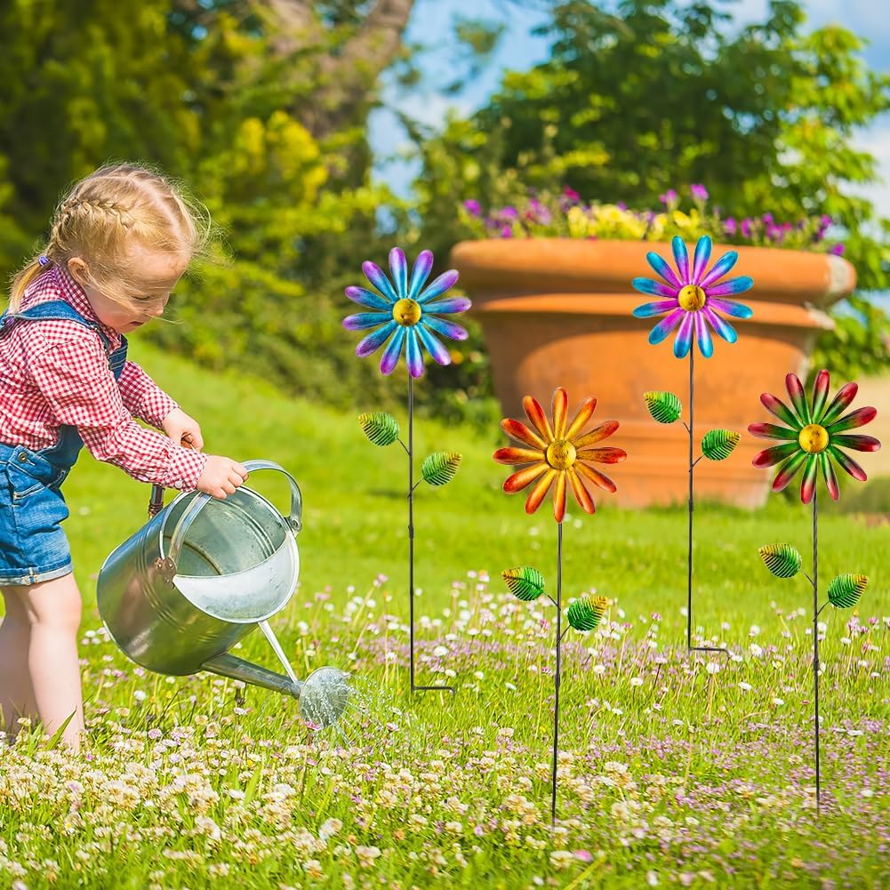 DREAMYSOUL 4 Packs Metal Flowers Wind Spinners Outdoor, Pinwheel Decorative Garden Stakes, Metal Small Wind Spinner for Yard and Garden Decor