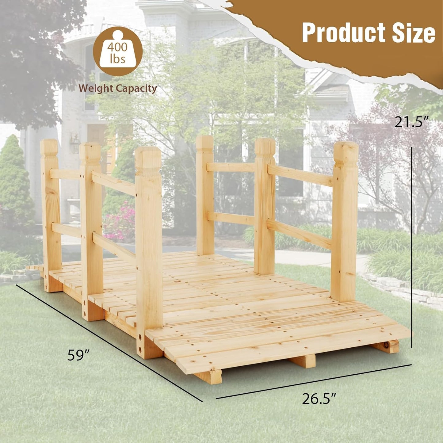 Giantex 5 ft Garden Bridge - Natural Wood Arc Footbridge Walkway with Side Railings, Decorative Wooden Bridge Landscaping for Backyard Farm Garden Creek Pond Decor, Easy to Assemble (Natural)