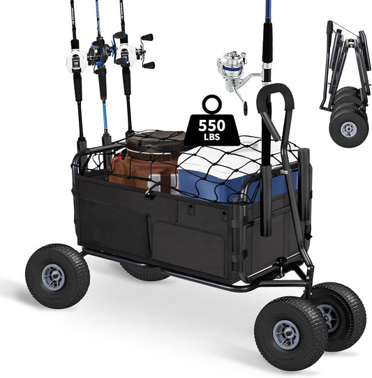 Polar Aurora Fishing Cart Beach Cart Collapsible Wagon w/11'' All-Terrain Wheels for Sand, Heavy Duty Garden Cart with Rod Holders,Umbrella Holder and Storage Pockets, 550lb Large Capacity