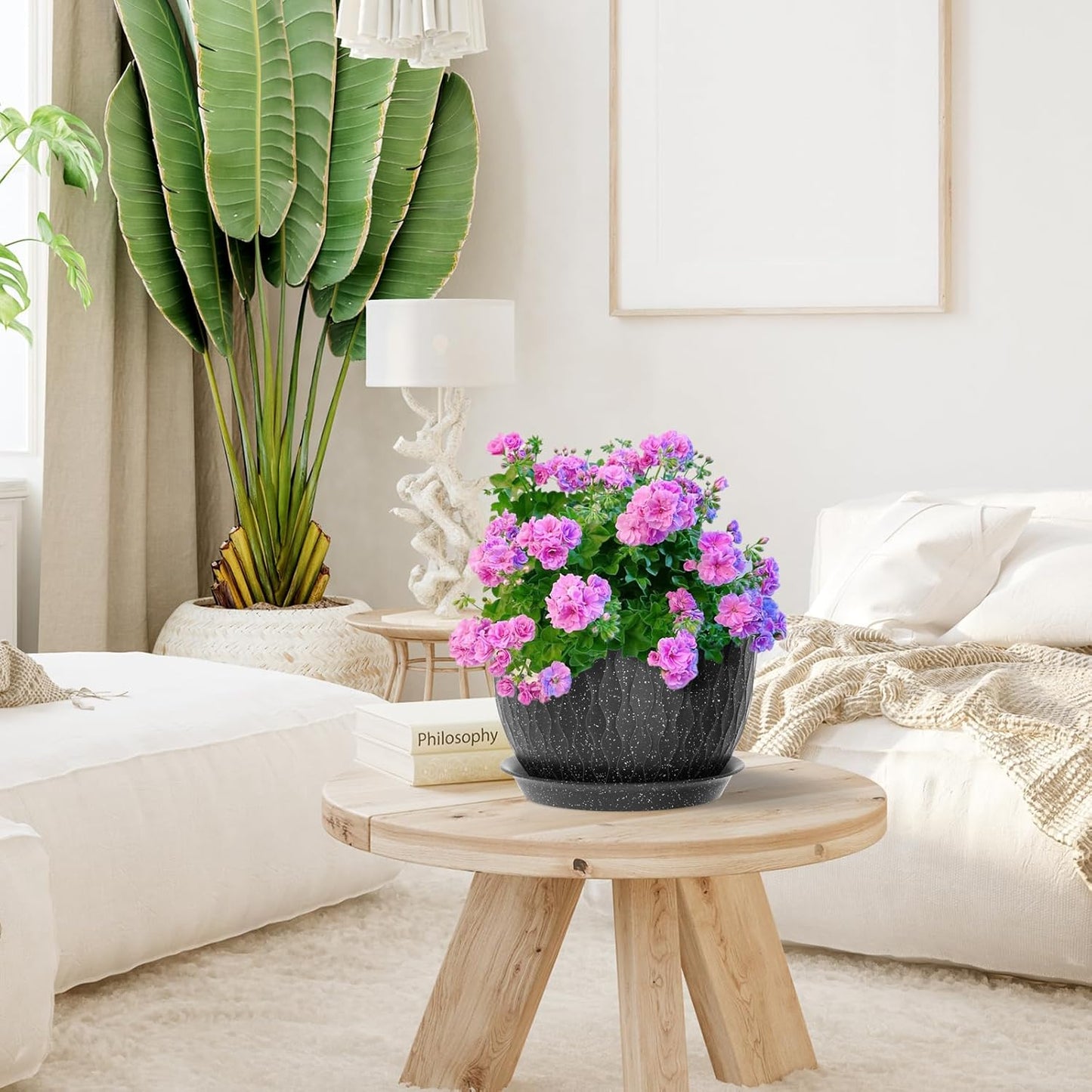 12/10/9 inch Large Flower Pots, 3 Set Big Plant Pots for Outdoor Indoor Plants with Water Ripples, Wide Plastic Planters with Drainage Holes and Saucers for Garden House Plants, Speckled Black