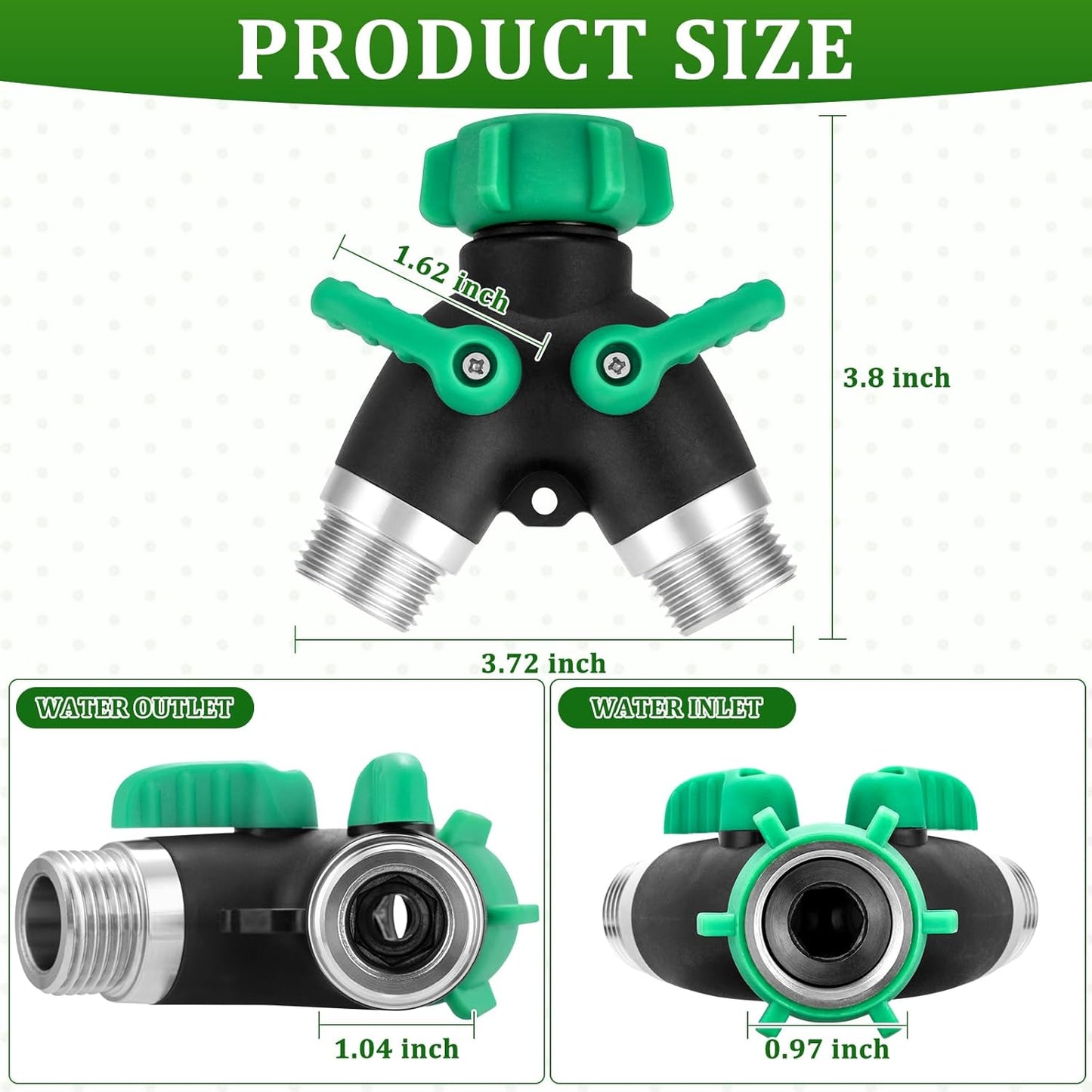 Garden Hose Splitter 2 Way, 304 Stainless Steel Hose Splitter 2 Way Heavy Duty, 3/4" Full Flow Y Valve Water Hose Splitter, Outdoor Faucet Splitter Y Connector for Garden Hose