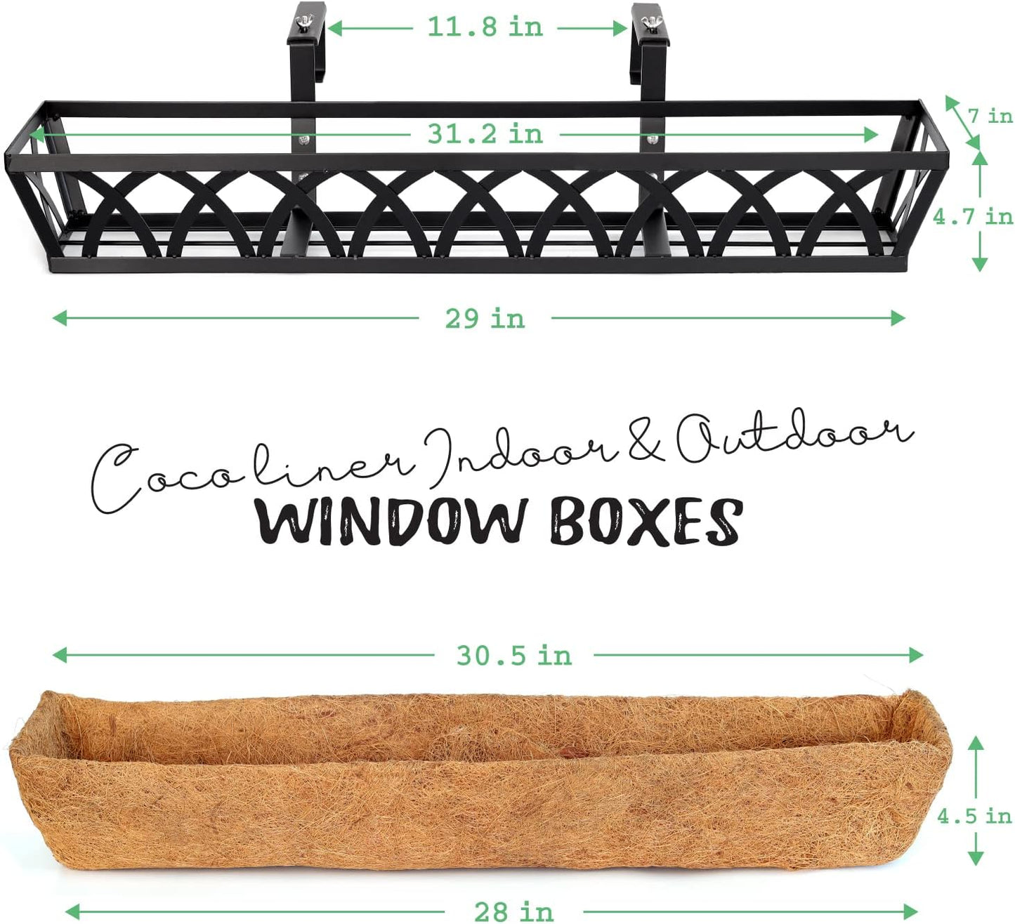 Window Box Railing, 32 Inch Black Metal Hanging Flower Planter Basket with Coco Liner for Outdoor Balcony Porch Fence Patio for Home, Office and Hotel (Black - 4 Pcs/Set)