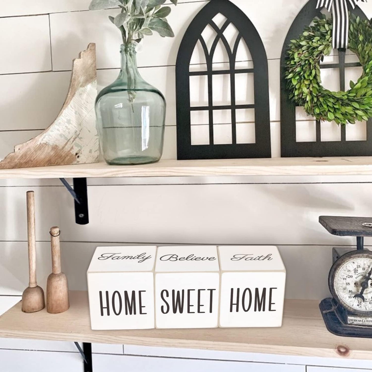 Rustic Home Decor - 4-Sided Wooden Blocks, Home Sweet Home&Thankful Grateful Blessed&Family Believe Faith&Love Live Laugh Sign, Modern Farmhouse Decorations for Shelf Tiered Tray Entryway Coffee Table