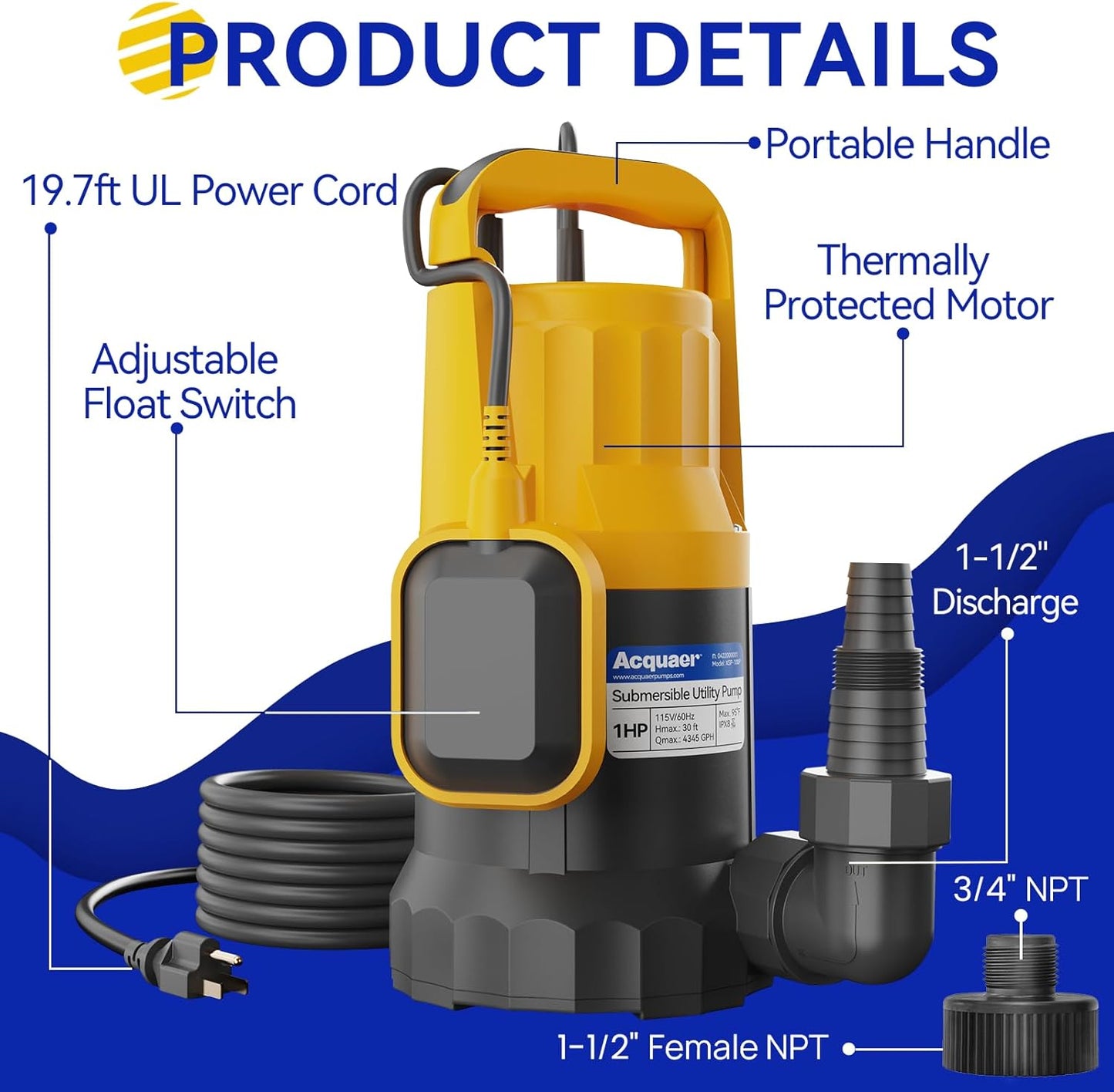 Acquaer 1HP Utility Pump 4345GPH Submersible Sump Pump with Automatic Float Switch, Water Removal for Hot Tub, Pools, Basements, Garden Pond