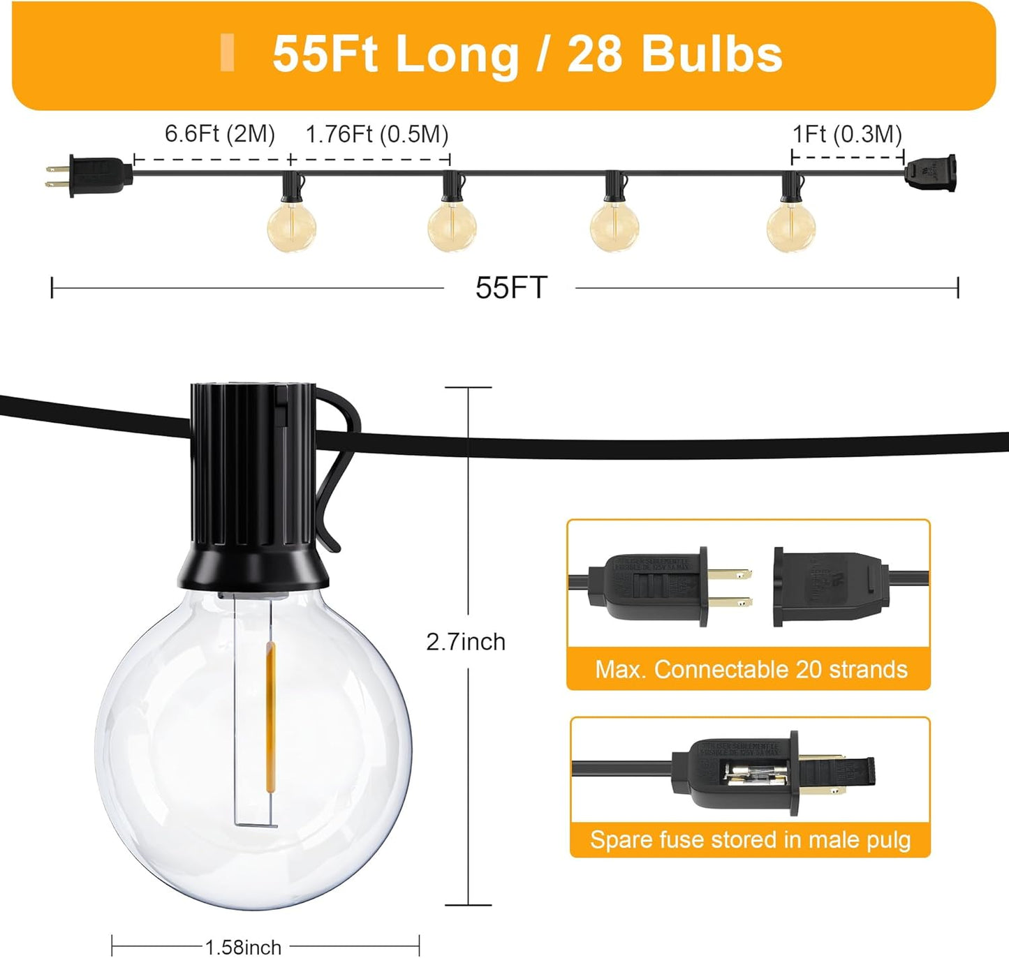 OHLUX Outdoor String Lights, 55FT Shatterproof LED Patio Lights with 26 Dimmable Plastic G40 Bulbs, 2200K Waterproof Connectable Hanging String for Backyard, Cafe, Porch, Deck, E12 Base