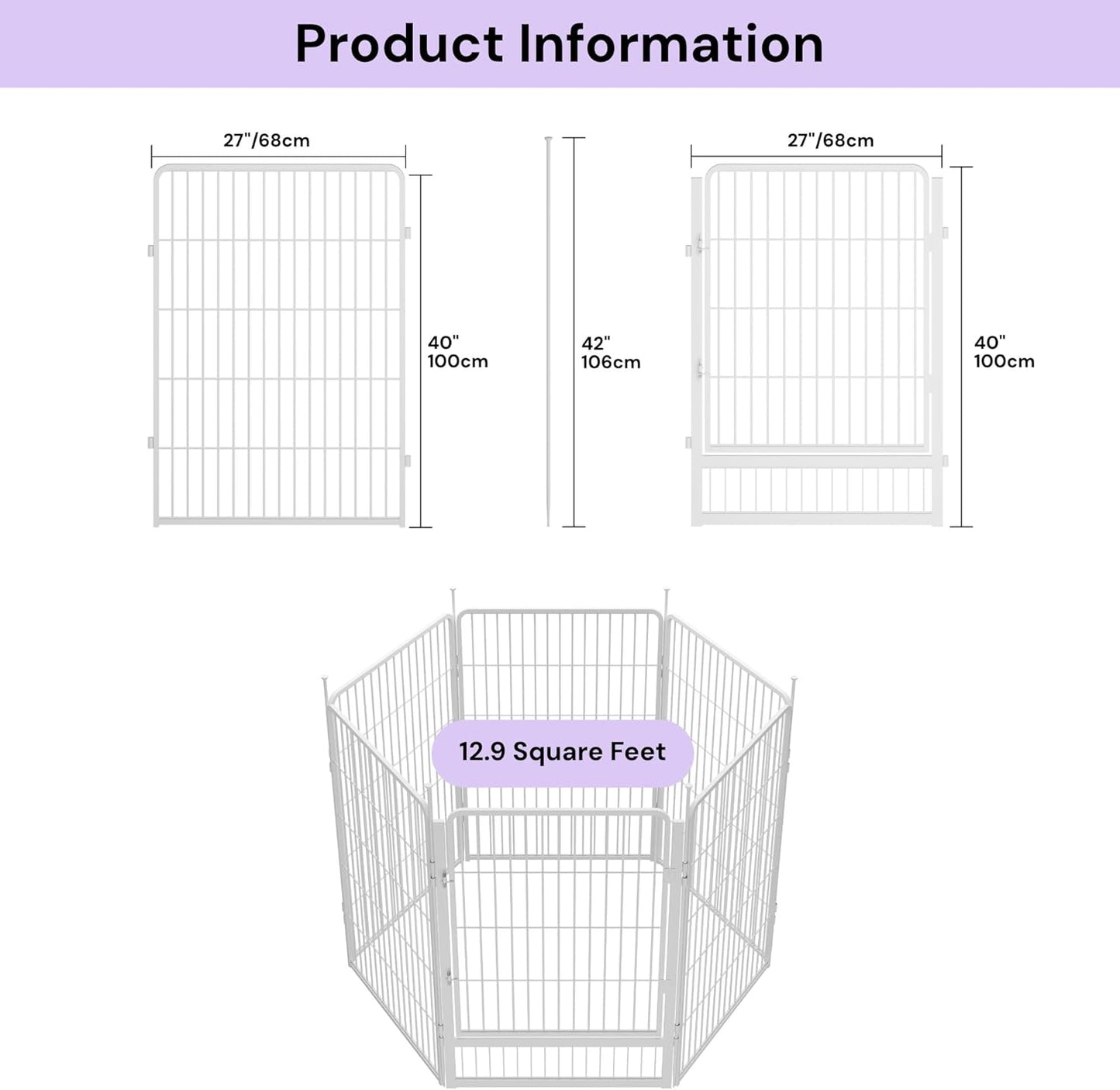 Garden Fence with Gate 40 in(H) x 13.4 ft(L) 6 Panels, Heavy Duty Metal Animal Barrier for Dog and Rabbit, Outdoor Fencing, Easy Set Up, White
