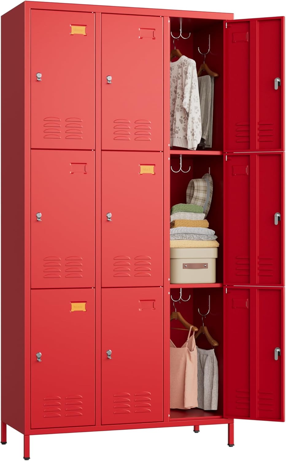 9 Doors Metal Locker with Business Card Holder and 27 Hooks,Metal Locker for Employees with Ventilation Holes for School Garage Office Gym Home,Assembly Required,Red