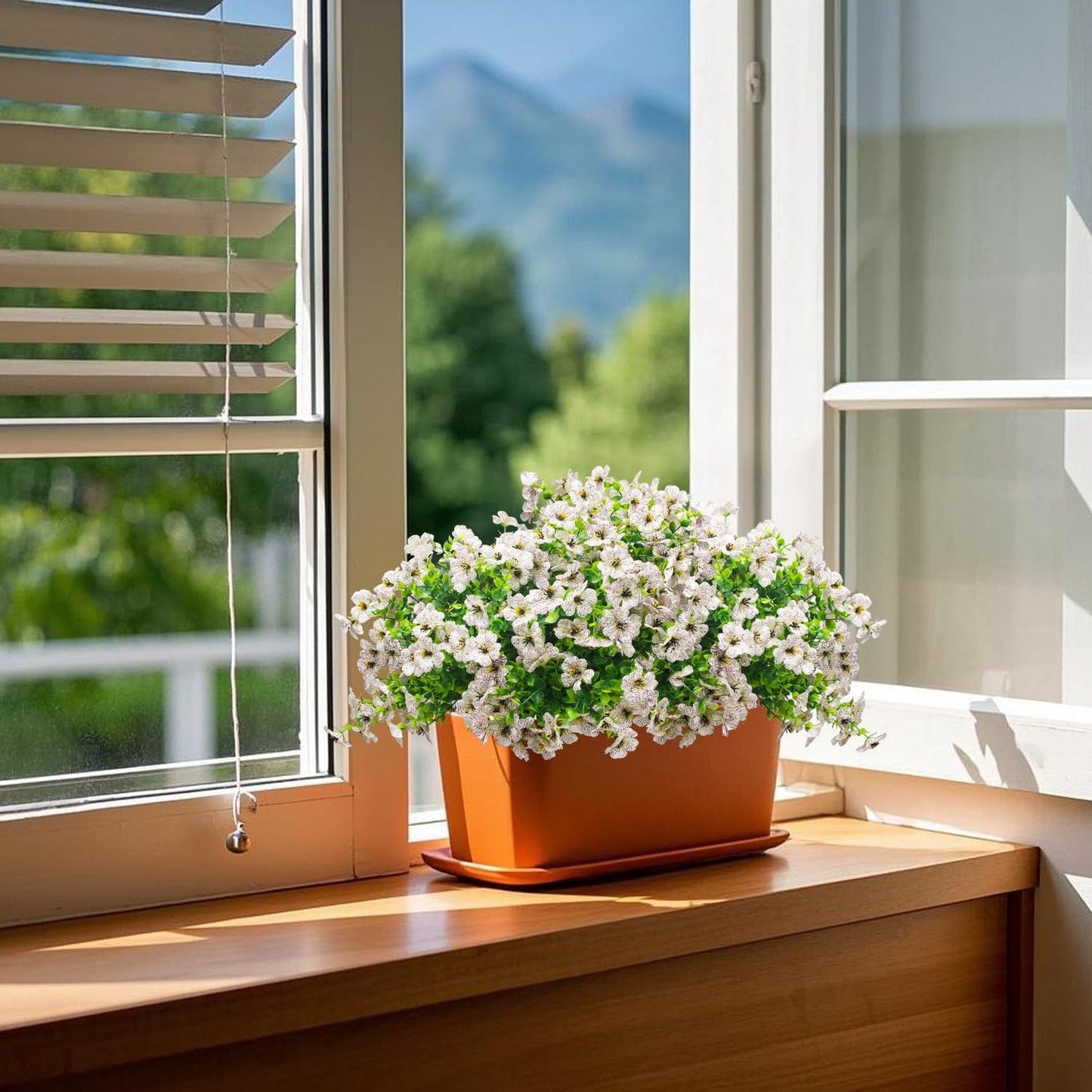 Artificial Fake Flowers for Outdoor Spring Decoration, 16 Bundles Faux Silk Colorful Daisy UV Resistant Realistic for Outside Porch Patio Home Yard Garden Planters Pots Window Box (White)