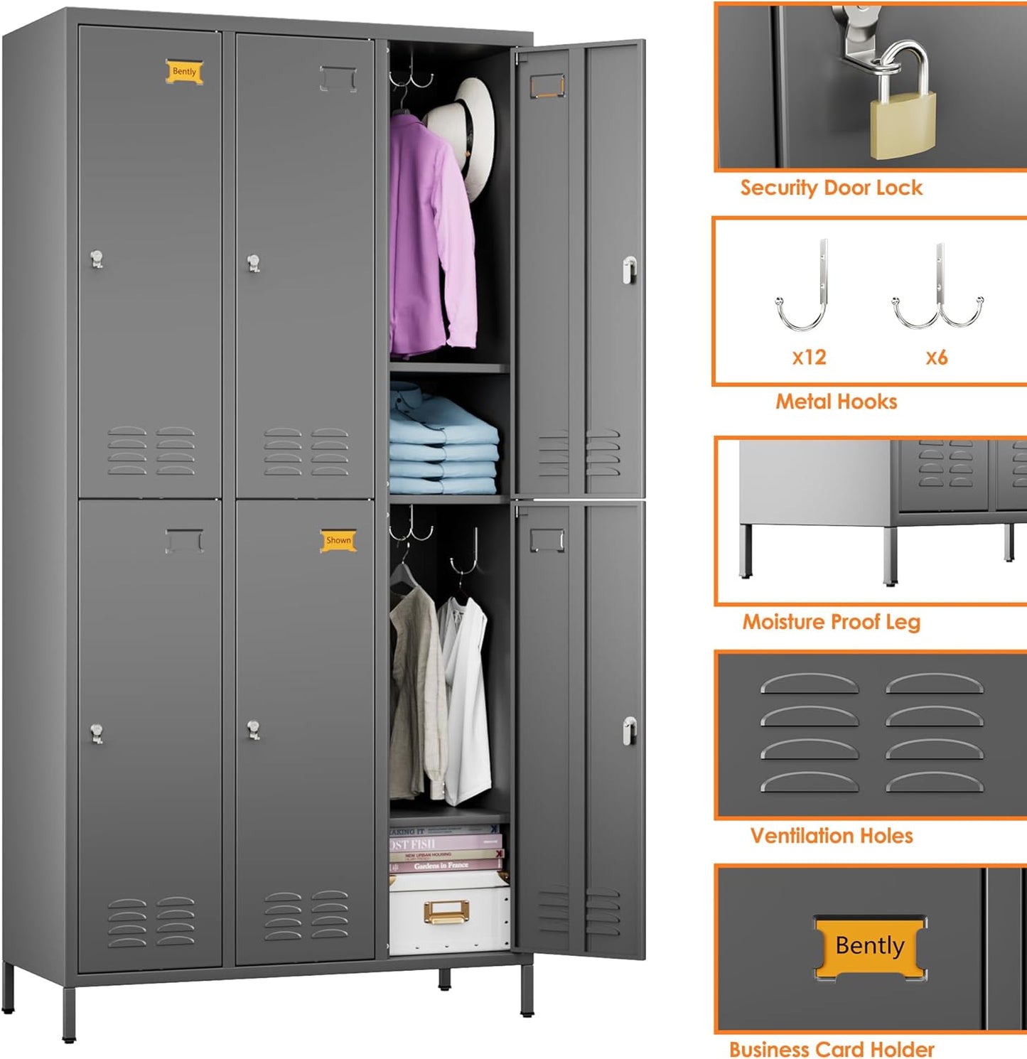 6 Doors Metal Lockers for Employees with 6 Shelves and 18 Hooks, Storage Locker with Business Card Holder for Office Gym School Bedroom, Assembly Required, Dark Gray