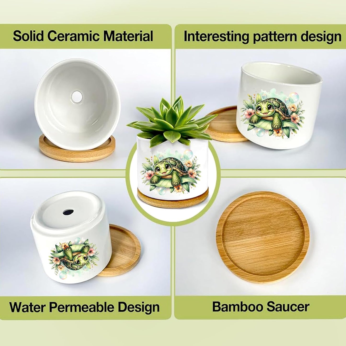 Turtle Succulent Pots 3 Pack, 3 Inch Succulent Planters with Drainage and Bamboo Tray, Turtle Gifts for Women, Ceramic Small Pots for Baby Plants, Cactus, Herbs- Plants Not Included