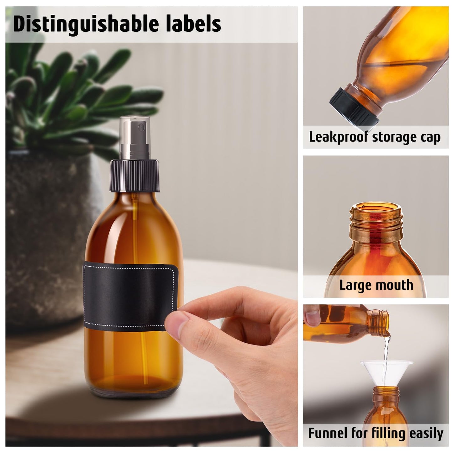 Tecohouse Amber Glass Spray Bottles 8.8 oz, 2 Pack Empty Spray Bottle for Essential Oils, Small Glass Bottles for Cleaning Solutions, Plants, Hair with Durable Nozzle, Labels, Funnel