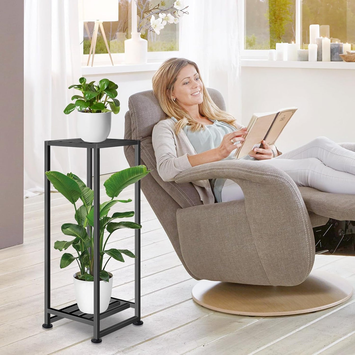 Plant Stand Indoor Outdoor, Wrought Iron Plant Stands 2 Tier Heavy Duty Metal Pedestal Stand Decorative Flower Stand for Patio Garden Deck Living Room