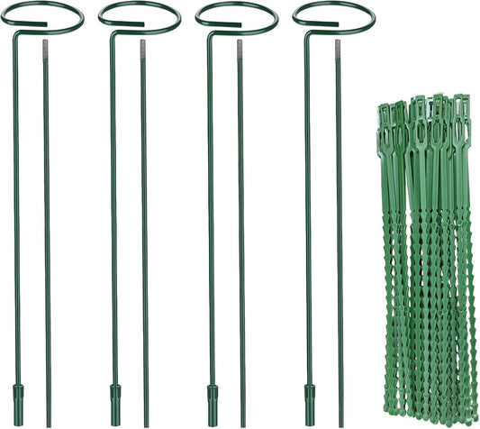Huakaile 4 Packs Adjustable 23.6" Plant Stakes and Supports with 30 Pieces 9" Twist Ties, Green Plant Holder Stick Outdoor Indoor, Metal Flower Support Stakes Rings for Gardens Vegetables (60 cm)