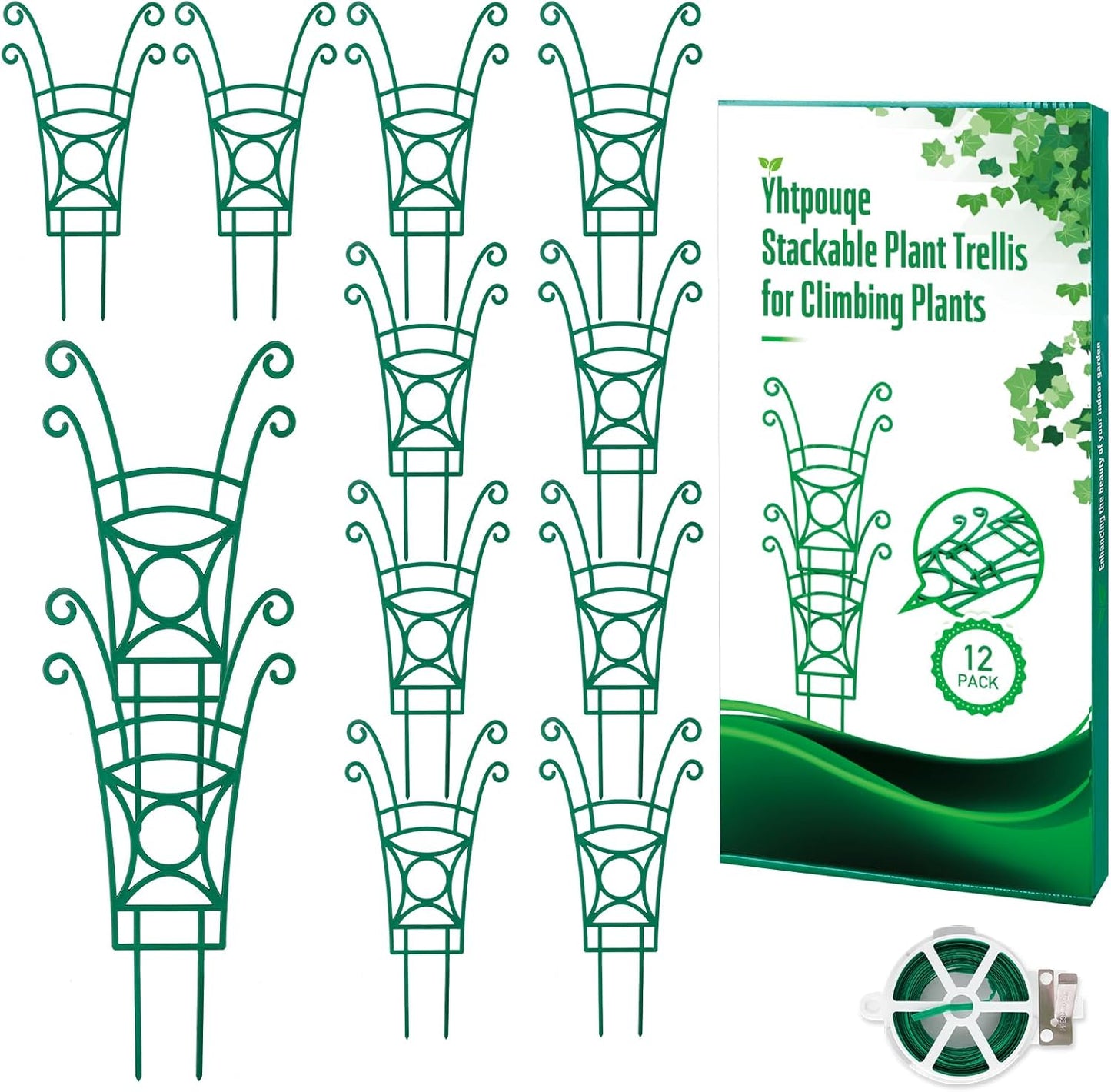 12 Pack Stackable Plant Trellis for Potted Plants, Garden Trellis Supports Peas, Ivy & Flowering Vines, Plastic Climbing Plant Support (Green)