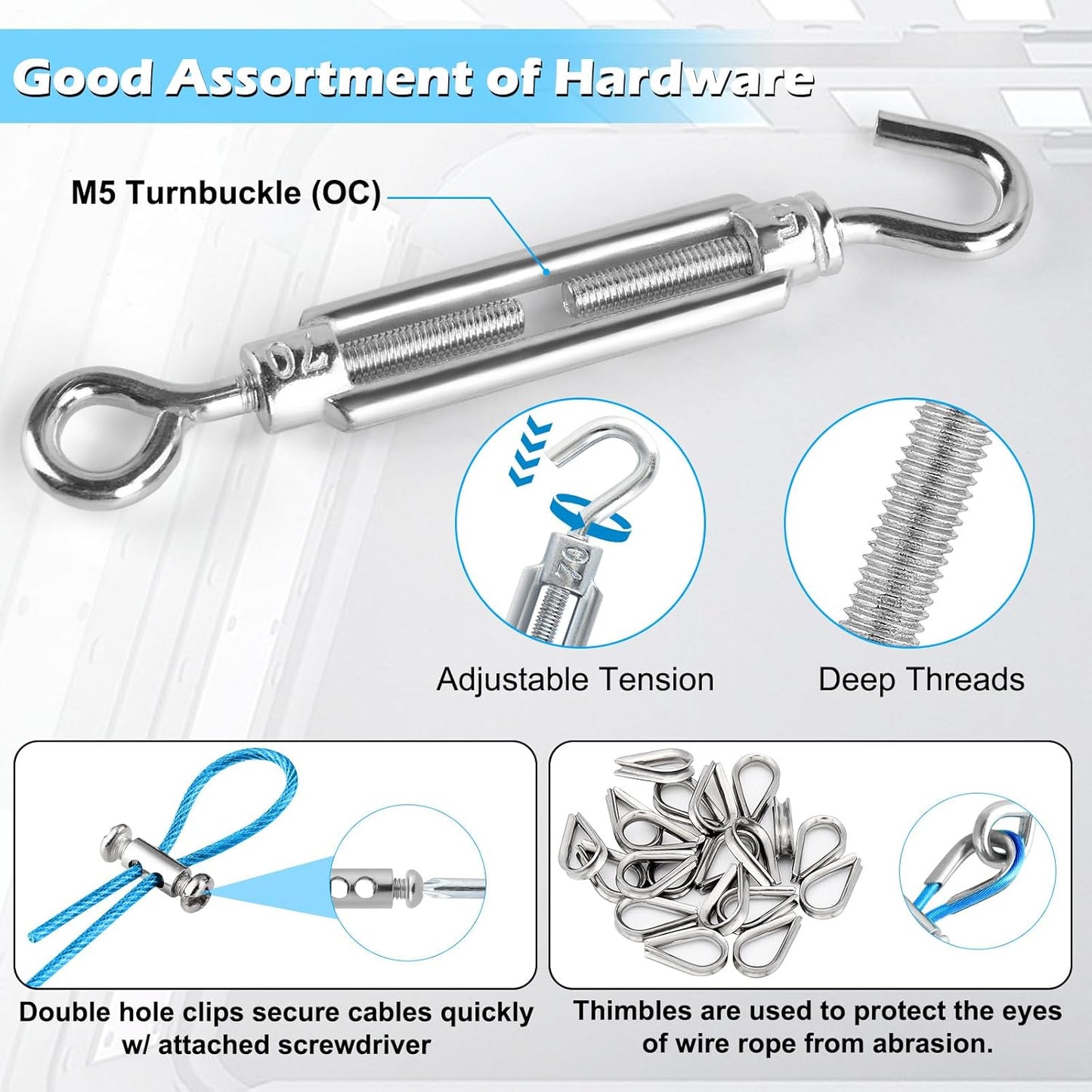 Turnbuckles for Cables Wire, 1/8" X 100Ft Blue PVC Coated Wire Rope Kit, Multi-use Steel Cable for Grape Vines/Clothes Line Outdoors for T Post/String Light Hanging/Garden Wire