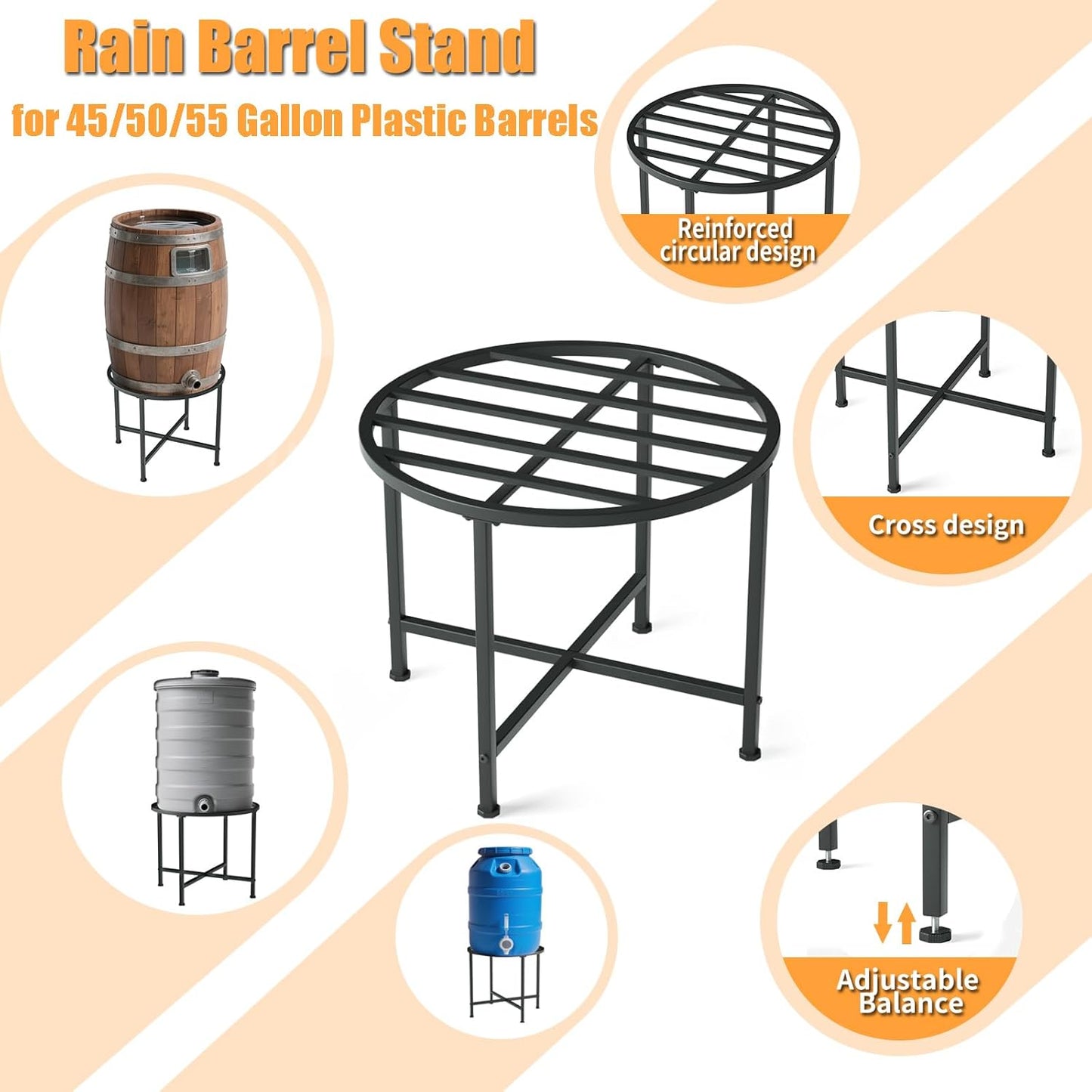 Heavy Duty Stainless Steel Rain Barrel Stand，1200lb Capacity Water Collection Barrel Stand，Rust-Proof & Weatherproof, Fits 45/50/55 Gallon Plastic Outdoor Rain Barrels