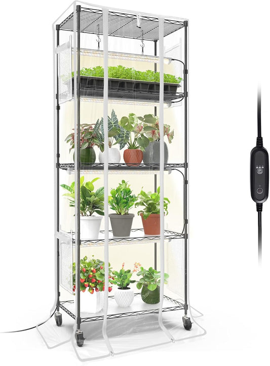 Indoor Greenhouse with Grow Light, Mini Green house with 4 Pack 24W Full Spectrum Plant Lights with Timer, Plant Shelf with Tent for Indoor Plant, Seed Starting, Seed Tray, 23.5"x13.8"x59"