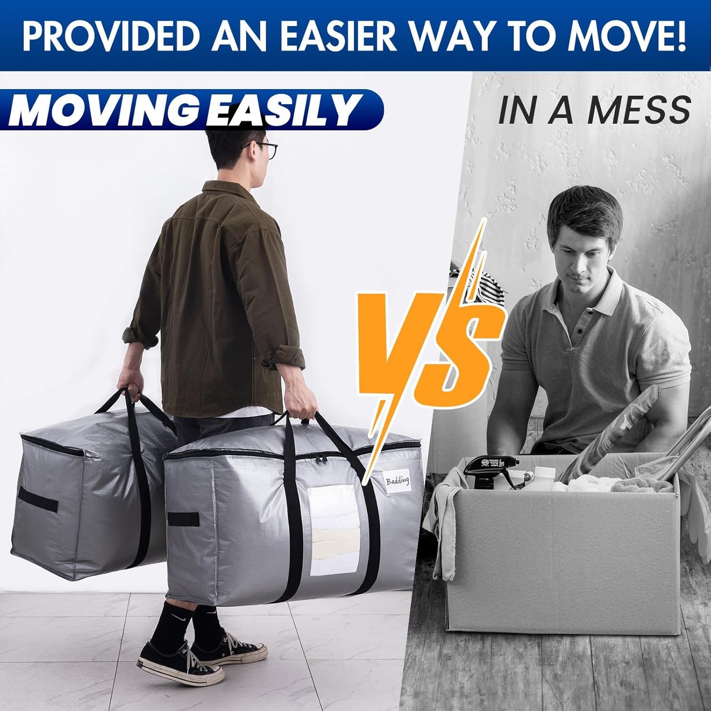 TAILI Extra Large Moving Bags, 2 Pack Silver Heavy Duty Totes For Storage with Visible Window, Wrap Around Handles, Storage Bags for Space Saving, Alternative to Moving Boxes