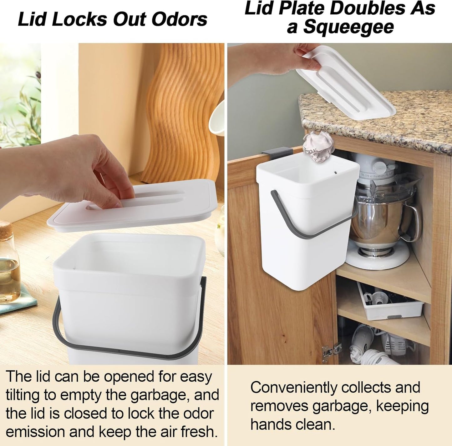 Compost Bin Kitchen, for use on Countertops or Under Sinks, Hanging Trash Can with Lid, for Cupboard/Bathroom/Bedroom/Office/Camping, Mountable Indoor Compost Bucket(White 1.3 Gallon/5L)