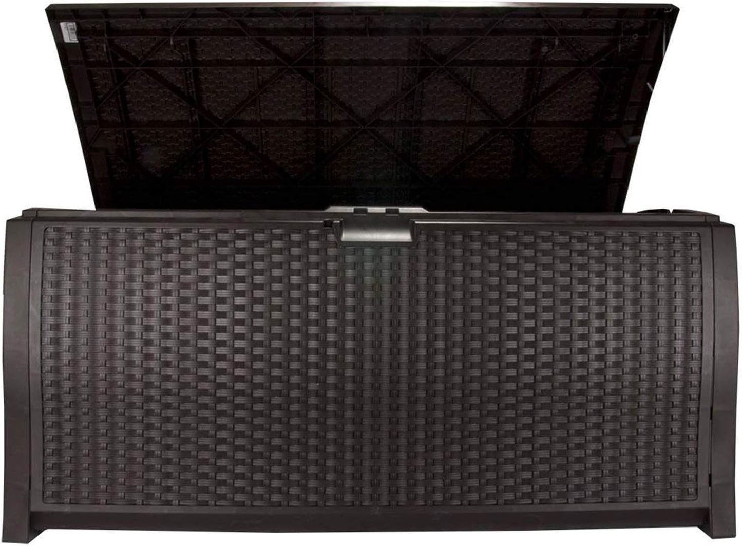 Suncast 99 Gallon Plastic Wicker Deck Box Container Storage for Garden, Garage, Home, Pool, Indoor and Outdoor Use, Mocha (2 Pack)