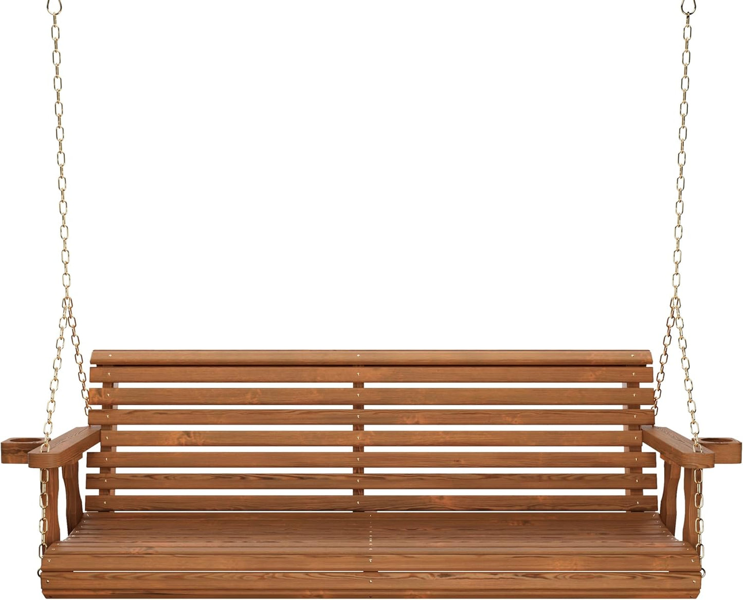 Amish Casual 5 Foot Roll Back Porch Swing with Cup Holders in Oak Stain - Amish Made in The USA from Treated Pine Heavy Duty 700 Lb. Weight Capacity