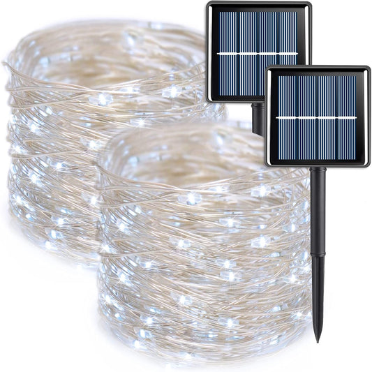 QITONG Extra-Long 144FT White Solar Fairy Lights, 2 Pack Total 400LED Solar String Lights Outdoor Waterproof, 8 Modes Silver Wire Solar Twinkle Mini Lights