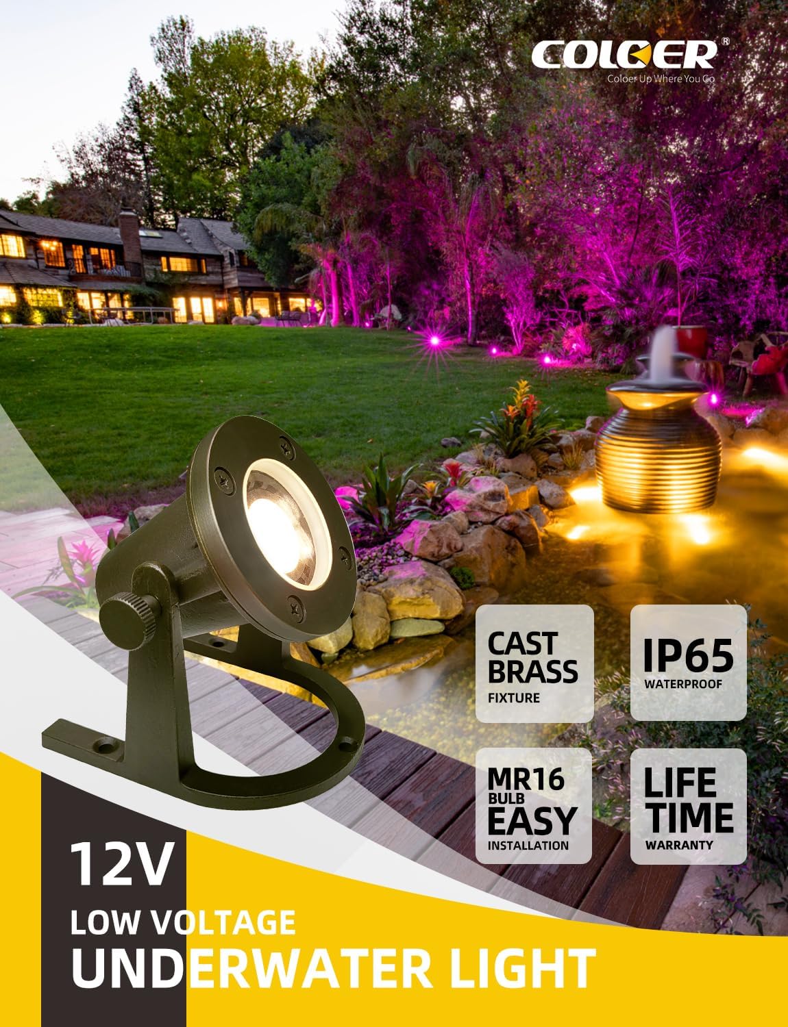 COLOER Brass Underwater Lights(Bronze) 6 Pack with LED MR16 Bulb 12V Low Voltage Fountain Lights IP68 Waterproof Copper Outdoor Landscape Lighting for Swimming Pool Ponds or Outside Water as Spotlight