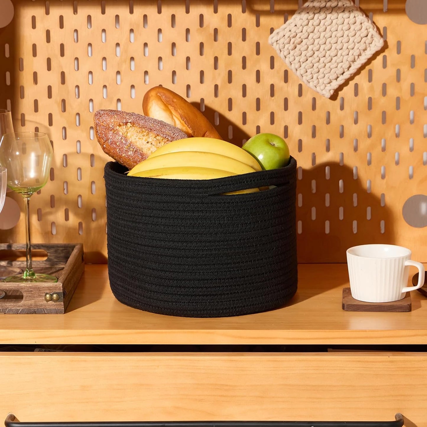 Small Basket for Organizing | Cube Shelf Closet Storage Baskets | 9.7×9.7×7.1” | Woven Rope Gift Basket | Nursery | Round 3 Packs Black