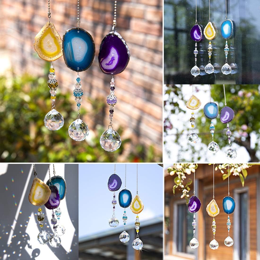 H&D HYALINE & DORA Pack 3pcs Suncatcher Hanging 30mm Crystal Ball with Agate Slices Wind Chimes Ornaments Decor for Window Home Garden