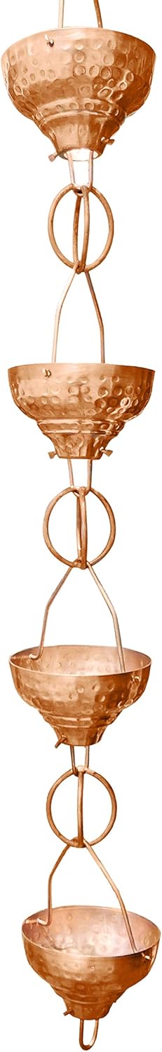 Monarch Rain Chains Pure Copper Eastern Hammered Cup Rain Chain, 8.5 Ft Decorative Rain Catcher Chain for Gutters, Large Rain Chains for Outside, Rain Gutter Replacement Downspout