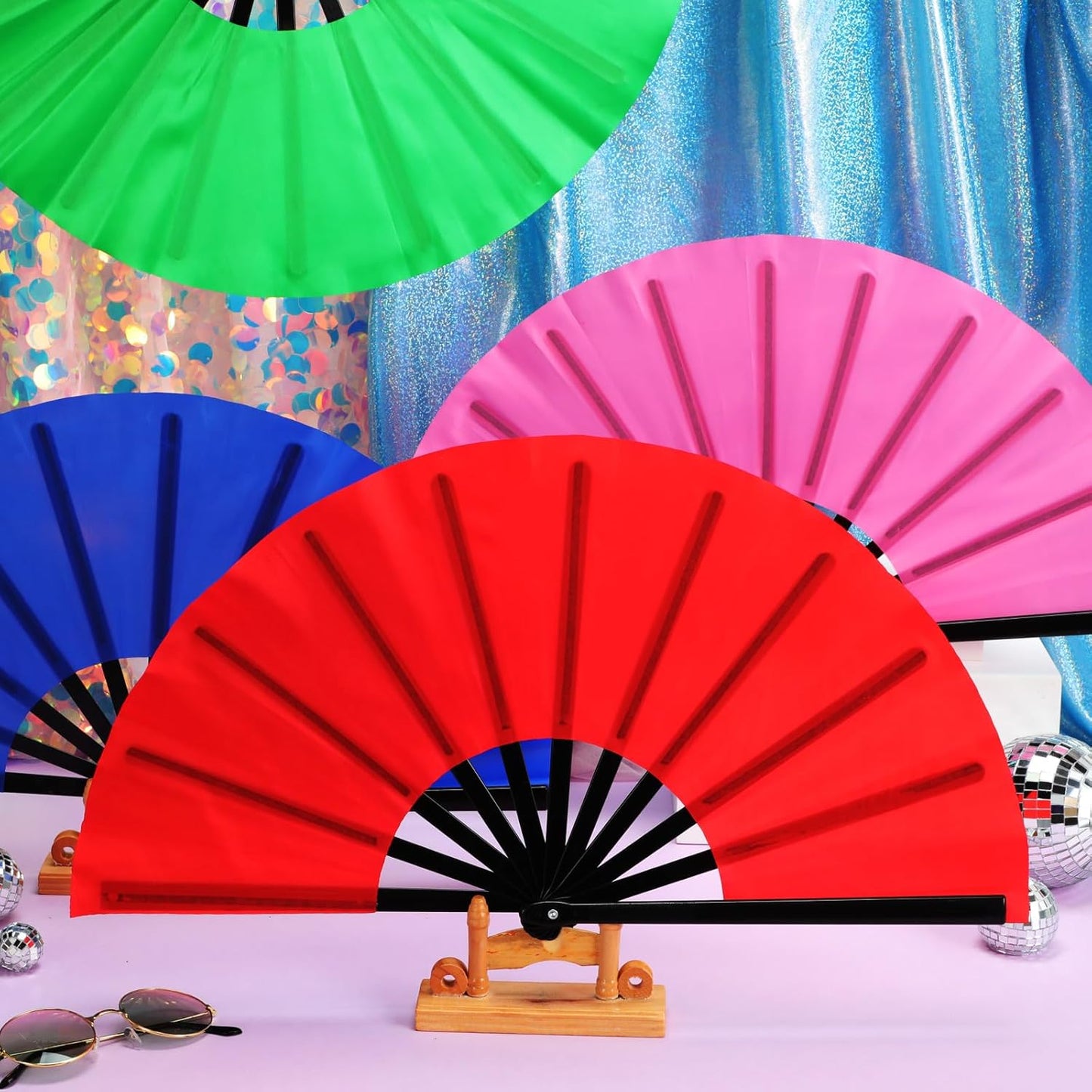 Blulu 4 Pcs 11 Inch Large Folding Hand Fans for Line Dancing Clapping Popping Rave Fans for Kids Women Men for Dancing Boots on The Ground Festival Party Decoration(Classic Style, Chic Color)