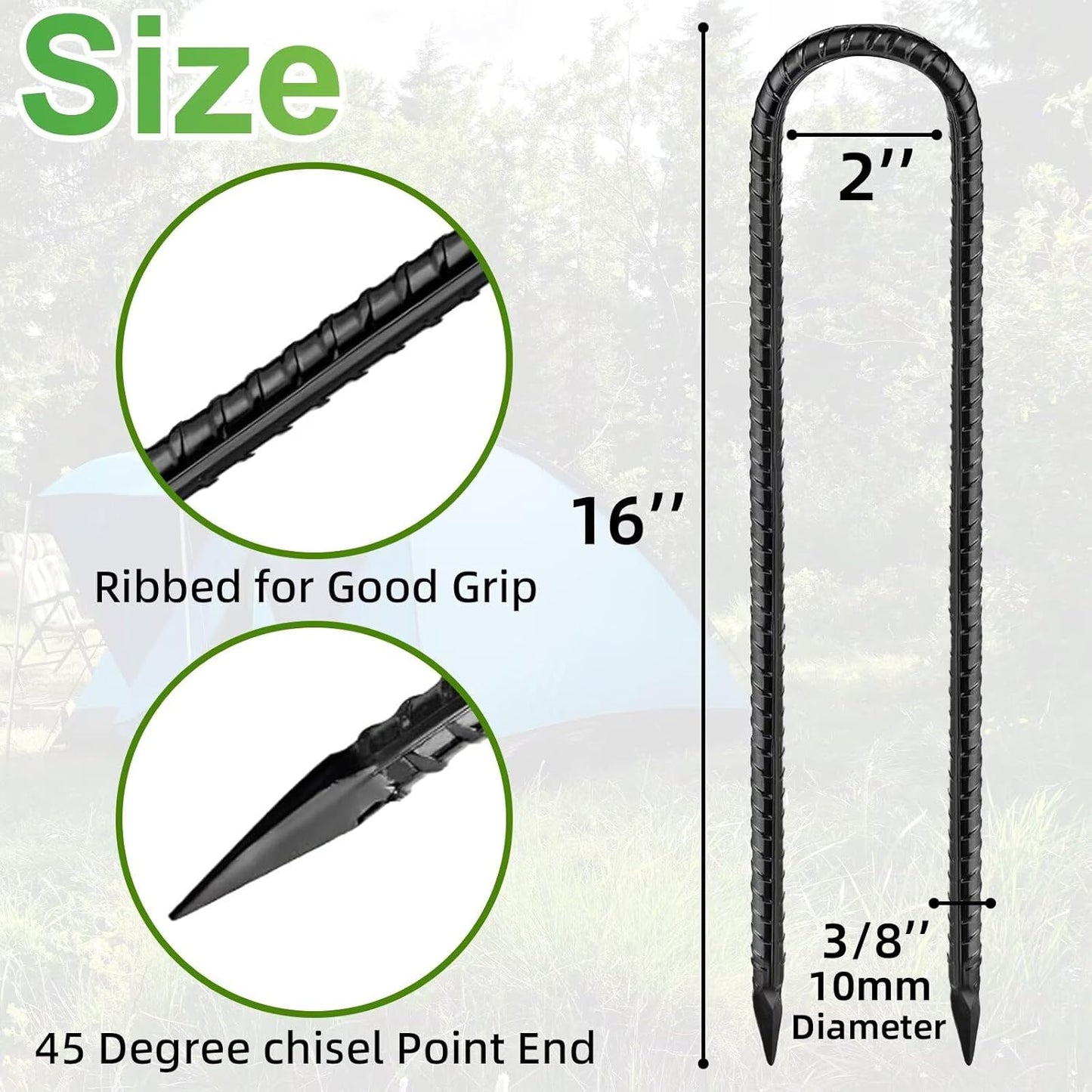 Black Trampoline Stakes Anchors High Wind 16inx10mm Galvanized U Hook 10pcs Rebar Stakes – Heavy Duty Ground Anchors for Trampoline,Yard & Inflatable,Landscape Metal Stakes for Outdoor Decorations