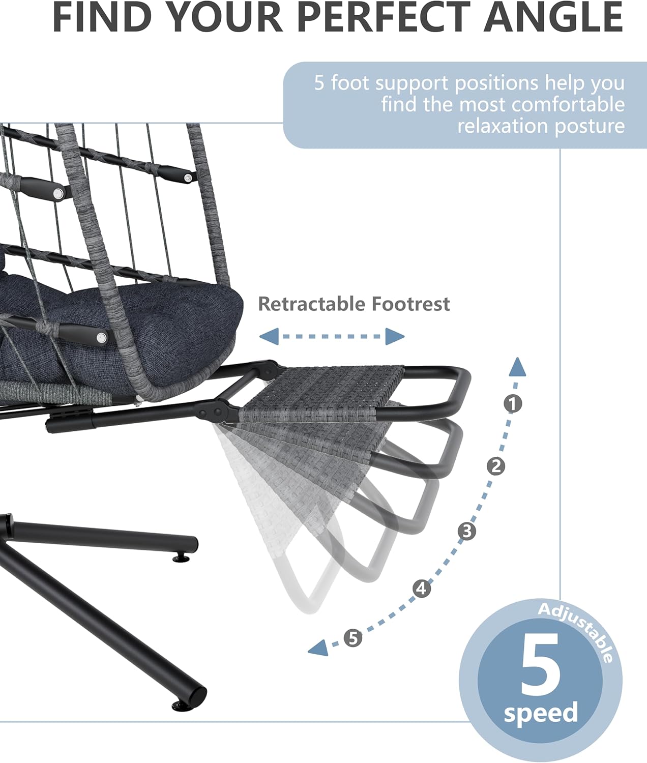 SWITTE Egg Chair Outdoor with Footrest & Stand, Indoor Wicker Hanging Egg Swing Chair with Cushion for Patio, Bedroom, Garden - Dark Gray