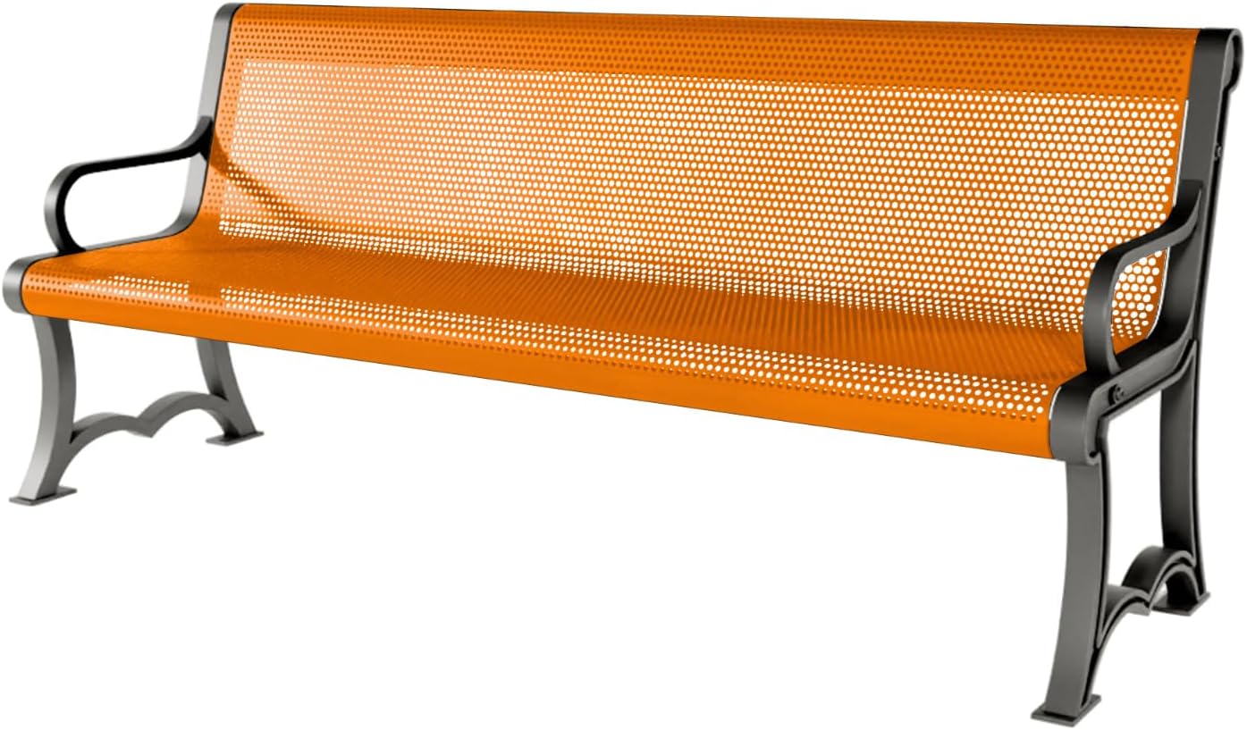 Coated Outdoor Furniture Heavy-Duty Outdoor Bench Thermoplastic Coated, Punched Steel, Commercial-Grade Garden Bench, Made in America (Portable with Back, 6 Ft, Orange)